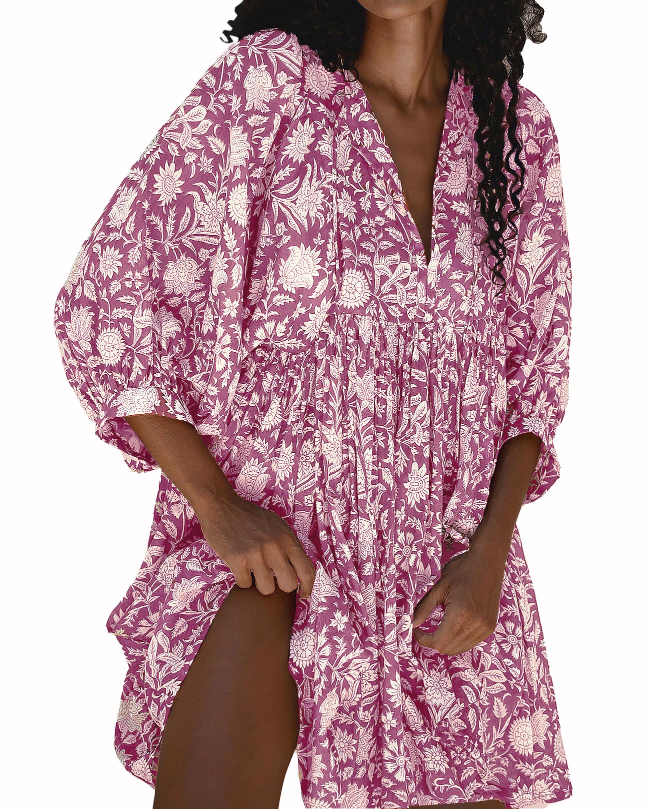 Womens Summer Boho Floral V‑Neck 3/4 Sleeve Babydoll Swing Mini Beach Dress