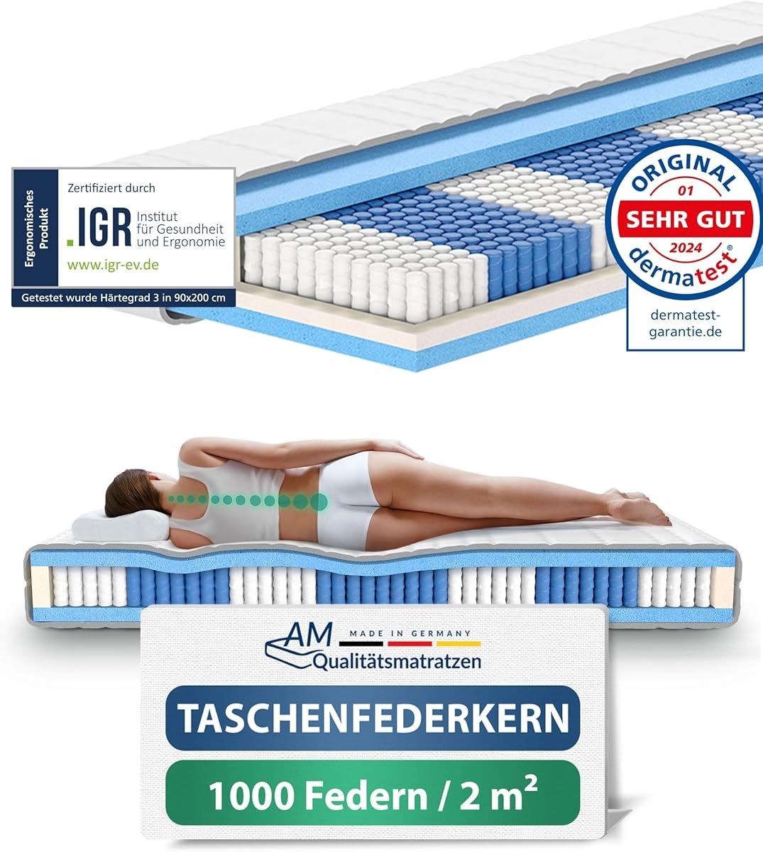 AM Qualitätsmatratzen Deluxe Taschenfederkernmatratze 90x200cm H3 24cm - Made in Germany & Oeko TEX Siegel - Federkernmatratze 90x200 mit 1000 Federn & Lyocell Bezug - 7 Zonen Matratze 90x200 H3