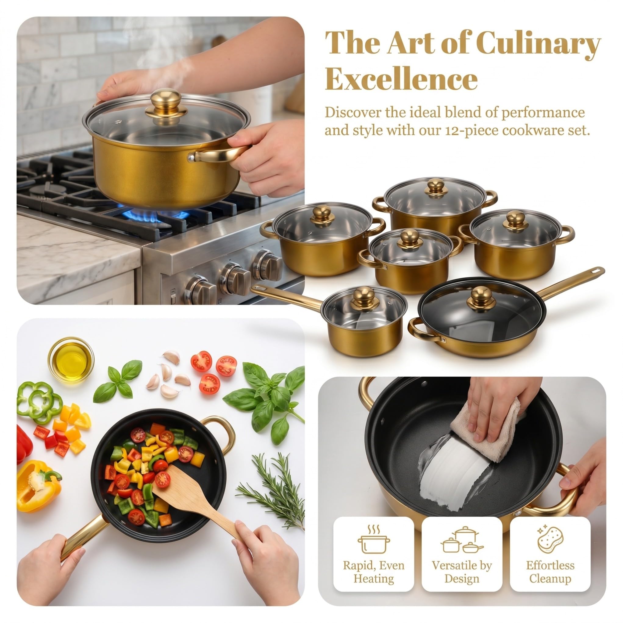 INOOMP Set Pentole 6 Pezzi in Acciaio Inox Nero per Cucina Moderna | Pentolame Leggero e Multifunzione, Adatto a Bollitura e Cottura, Stile Moderno