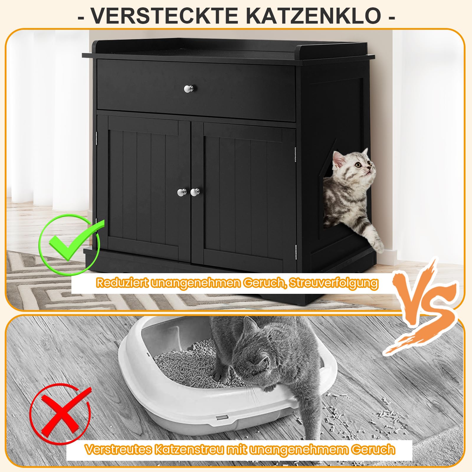 COSTWAY Katzenschrank mit Schublade & Tür & Eingang, 3-in-1 Katzenhaus Katzentoilette Beistelltisch, Schrank Katzenklo Katzenkommode, Katzenhöhle Haustierbox, Katzenmöbel (Schwarz)