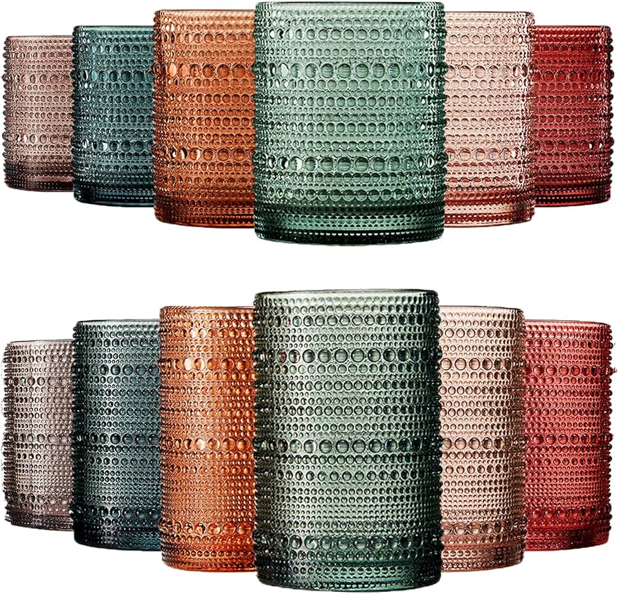 Khen Hobnail Beaded Highball Drinking Tumbler Glasses | Set of 12 | Color, Vintage Bubble Design Whiskey Glassware, Old-Fashioned, Embossed Design for Water, Wine, Cocktail Embossed, Rocks Glass
