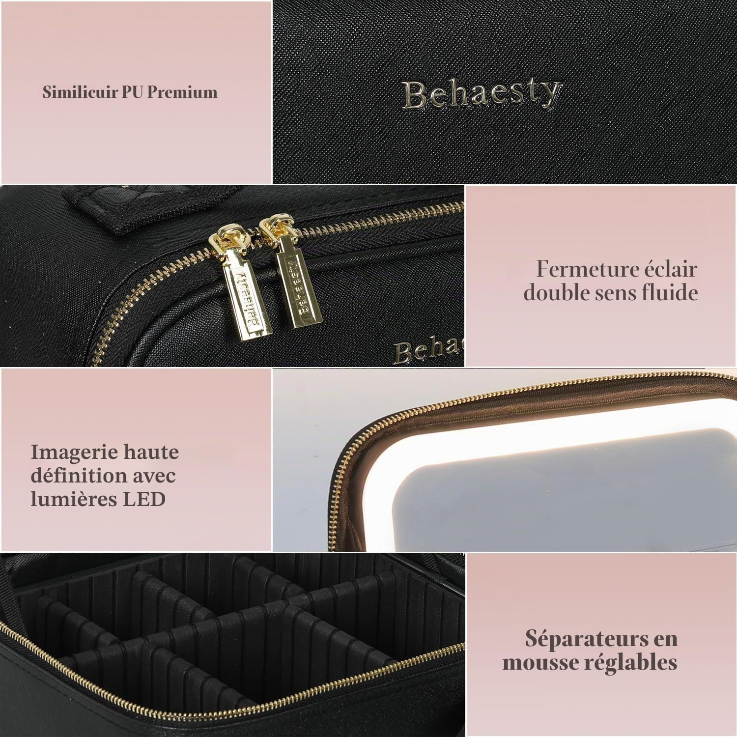 Behaesty Trousse de Maquillage de Voyage avec Miroir éclairé à Del, Trousse de Maquillage avec 3 réglages de Couleur, étui de Maquillage avec séparateurs réglables pour pinceaux de Maquillage pour