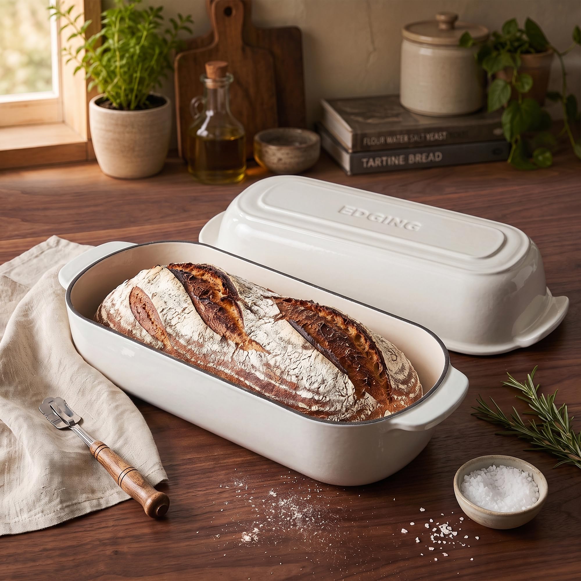 EDGING CASTING Emaillierte Gusseisen-Kastenform mit Deckel, Brotform, Dutch Oven Brotform für hausgemachtes Sauerteigbrot, 31,8 x 14 cm, 5 qt, Weiß Küche, Haushalt & Wohnen