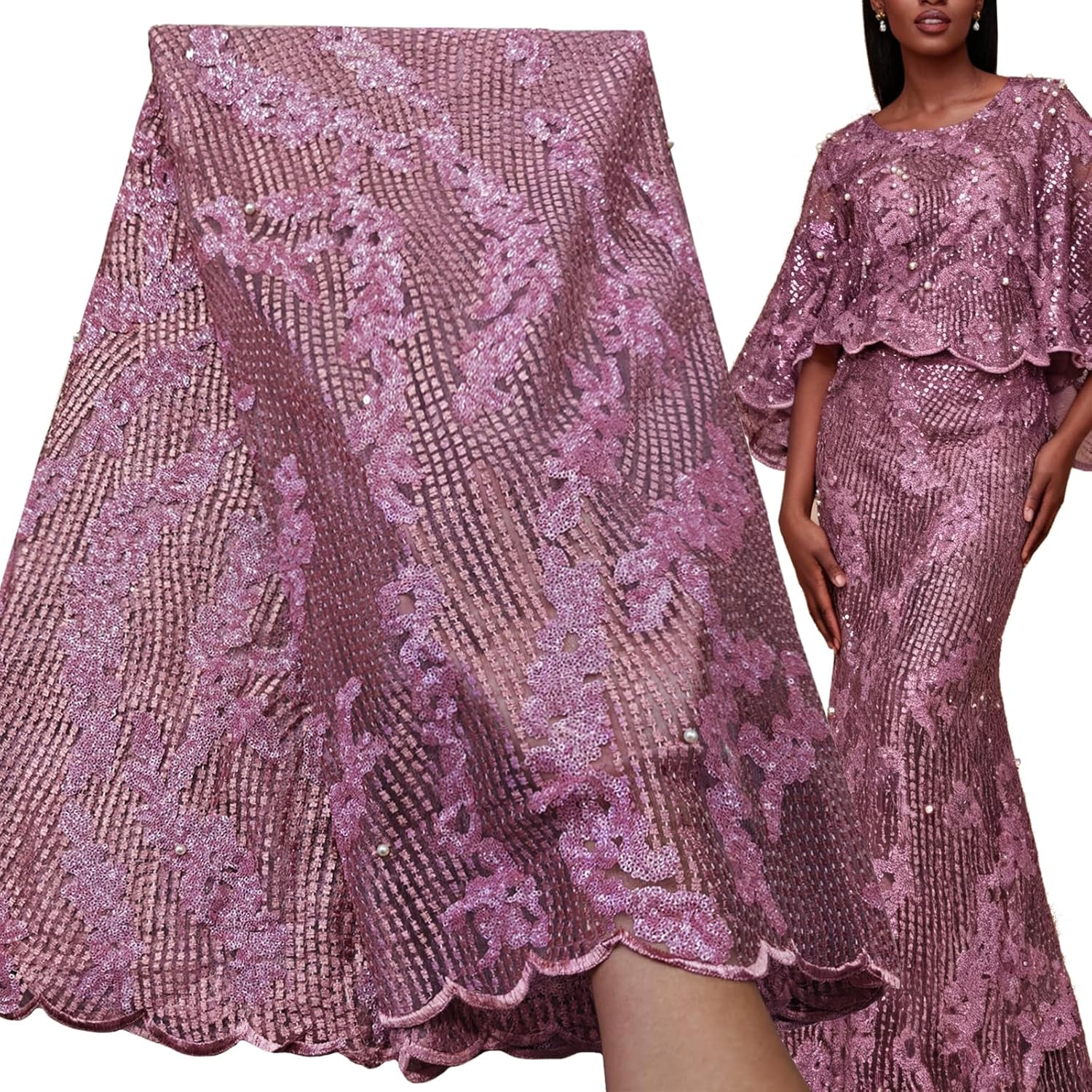 Bestway Lace Sequins Embroidery Tulle African Lace Fabric 5 Yards for Nigerian Wedding Party (Wine Red)