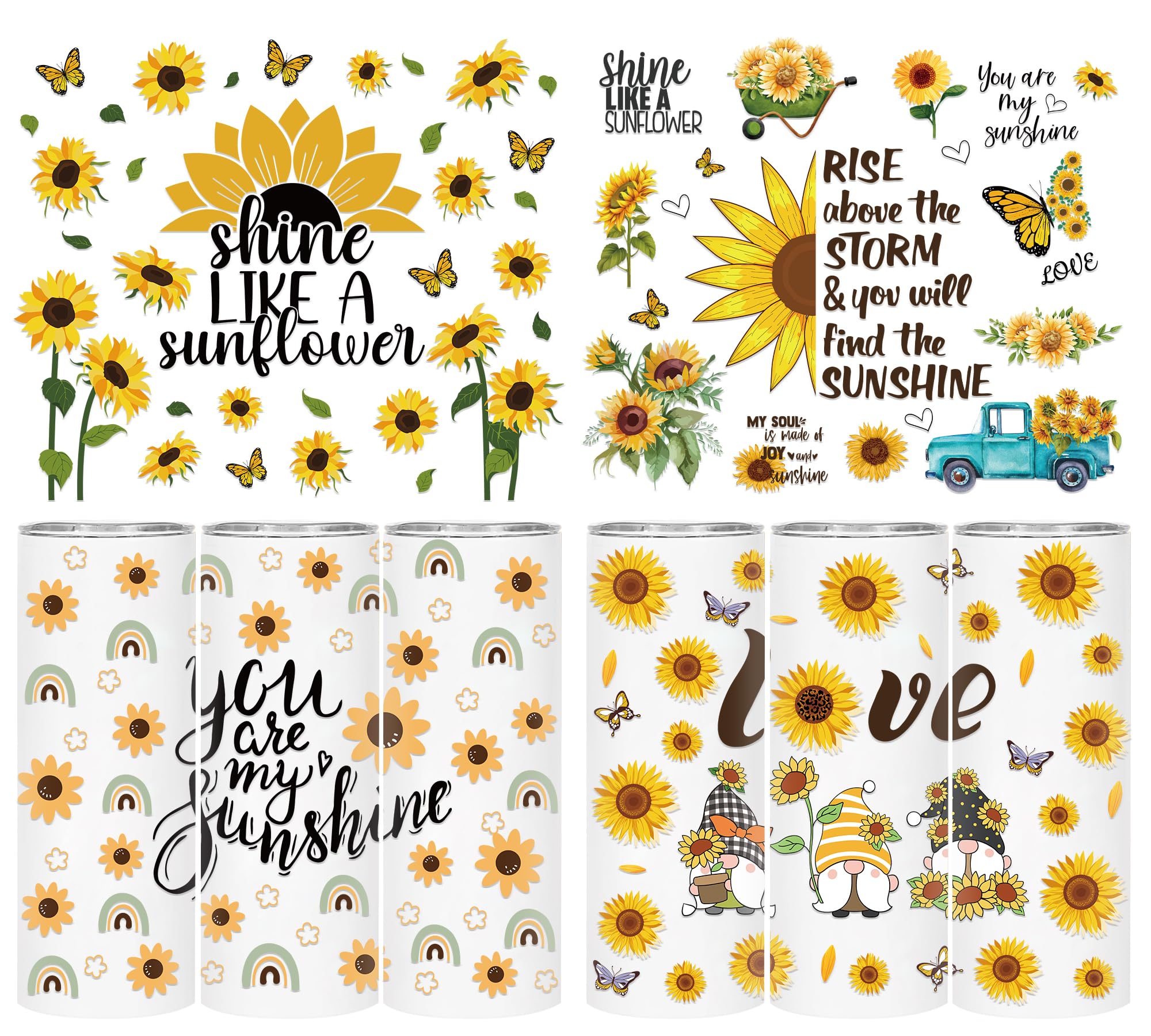 AFRITEE UV DTF Cup Wrap - 4 Sheets Sunflower UV DTF Cup Wraps for 20 oz Glass Water Bottle, Boho Flower Gnome Uvdtf Transfer Stickers for Mug Coffee Cups DIY Home Crafts Creative Gifts