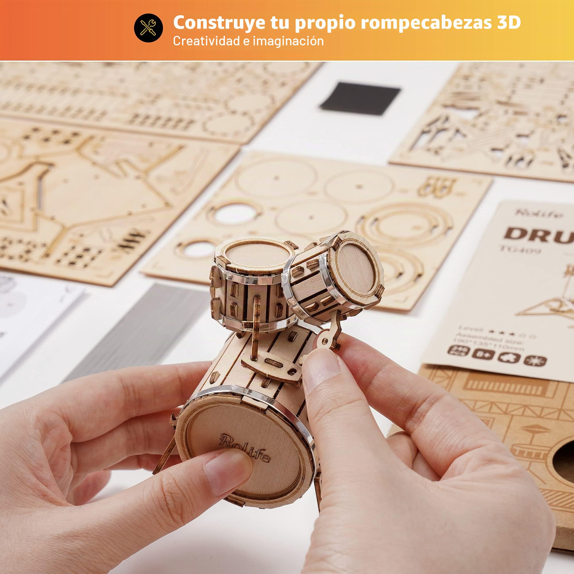 Rolife Puzzle 3D Madera Antiguo Maquetas para Montar para Construir Adultos Instrumento Musical Kit de batería (Drum Kit)