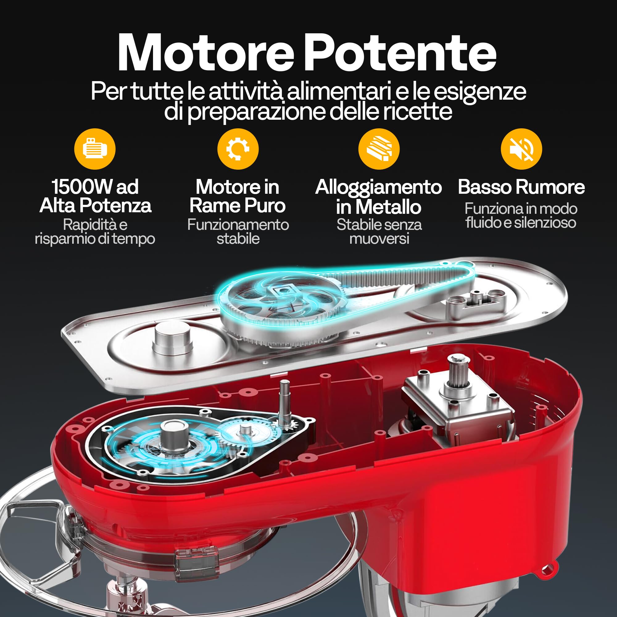 VIVOHOME Impastatrice Planetaria Professionale 5,7L 10 Velocità 1500W Contenitore in Acciaio Inox, Impastatore da Cucina Multifunzione con Gancio per Impastare Frusta per Dolci, Rosso