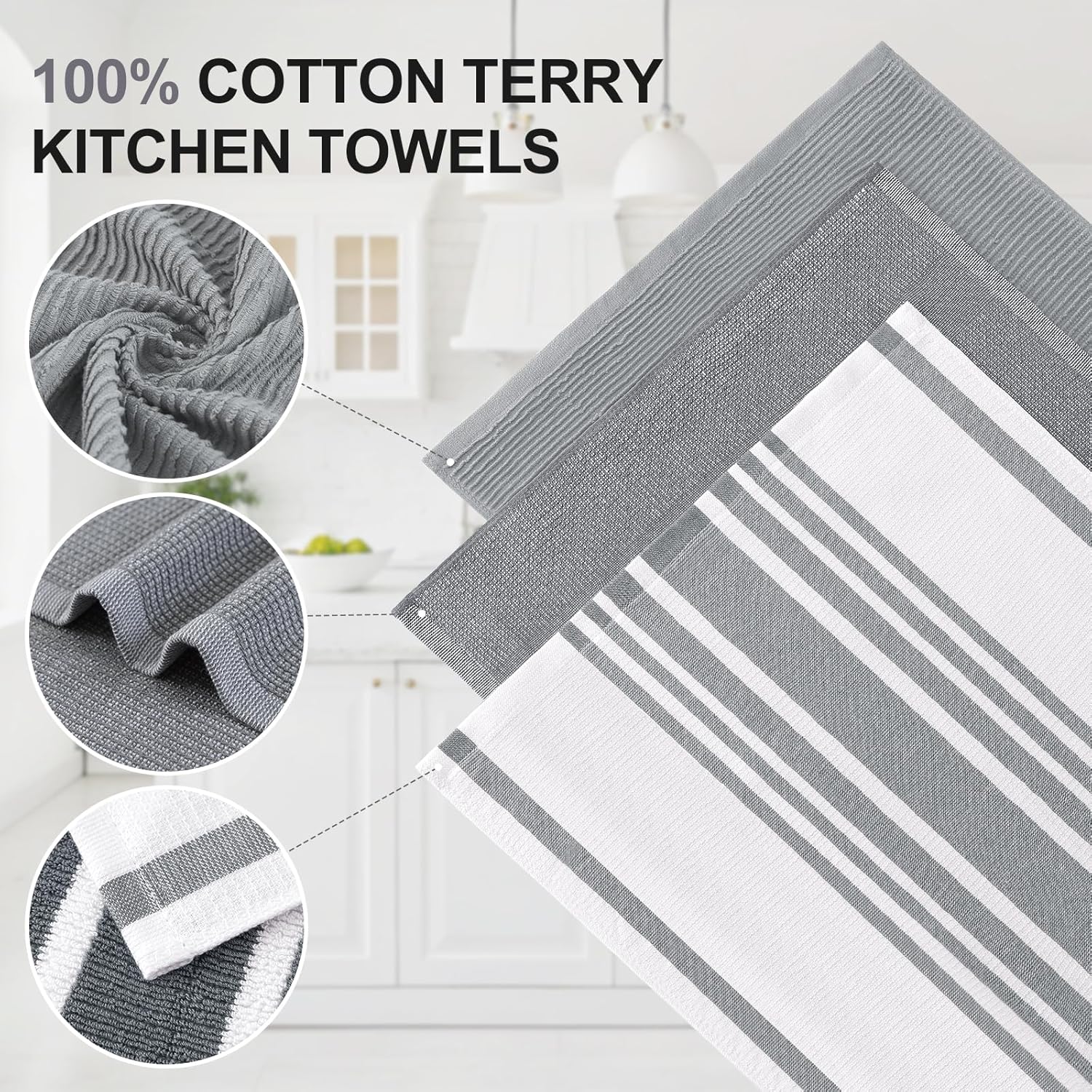 Homaxy Premium Kitchen Towels(18”x 28”, 6 Pack), Large Cotton 380 GSM Kitchen Hand Towels, Soft and Absorbent Terry Dish Towels, Multipurpose Tea Towel Set with Hanging Loop, Grey - Image 2