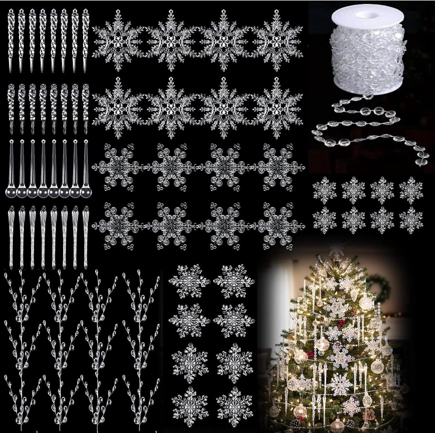 Chunful 70 Pcs Crystal Christmas Ornaments for Tree Decorations 8 Styles Hanging Clear Transparent Acrylic Snowflake Icicle Pendants 33 ft Beaded Garland Chain for Xmas Winter Wedding Party Decor