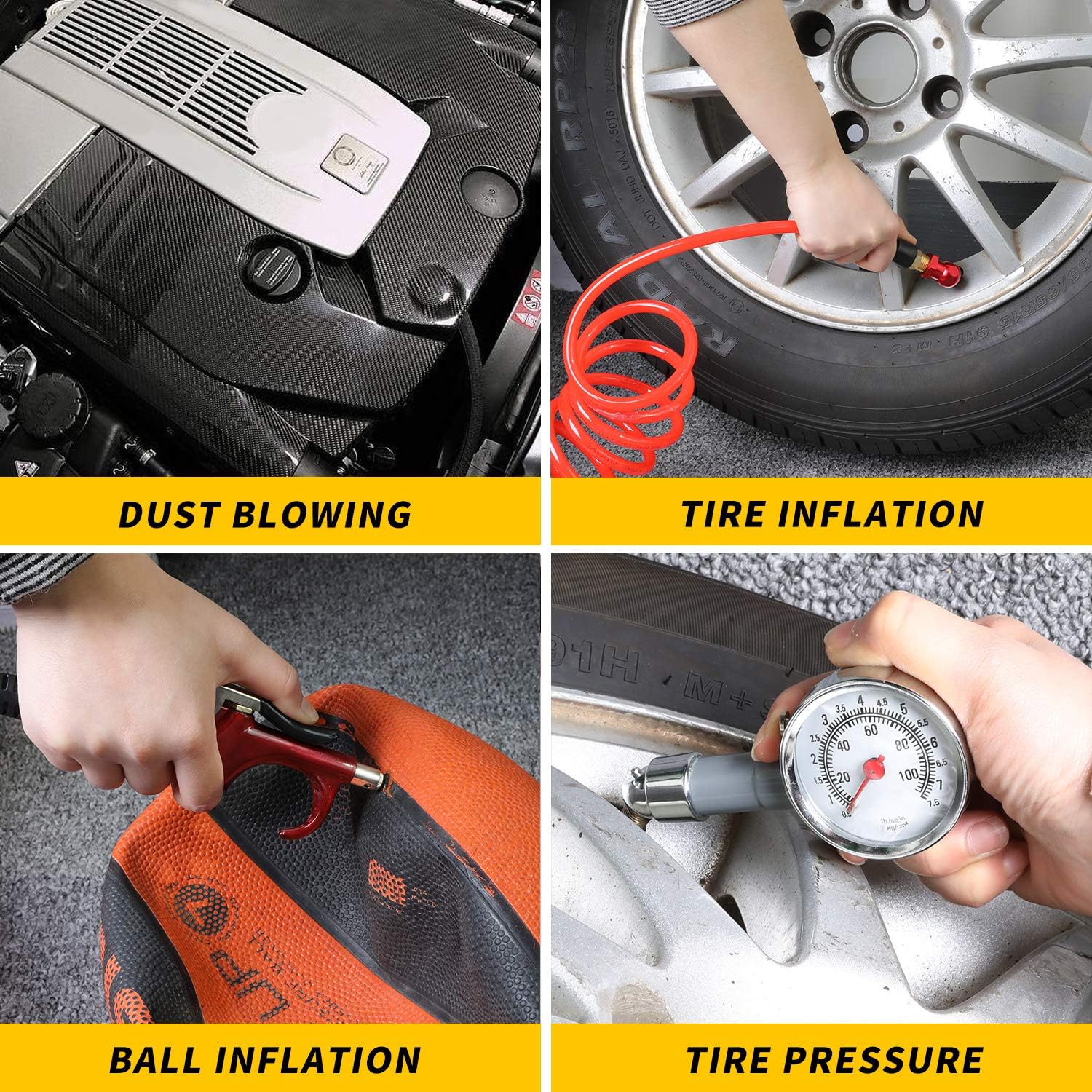 Hromee 16 Pieces Air Compressor Accessory Kit with 1/4 Inch Recoil Poly Air Hose, Blow Gun and Fittings Inflation Kit with Needles, Ball Chuck and Tire Pressure Gauge - - 