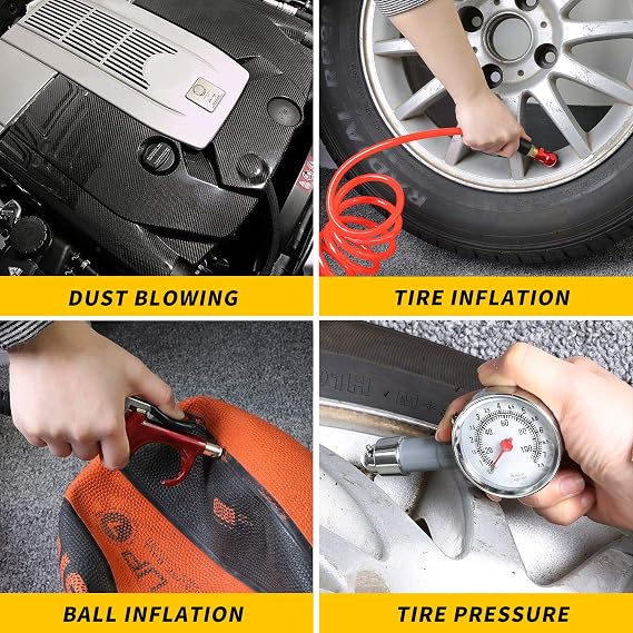 Hromee 16 Pieces Air Compressor Accessory Kit with 1/4 Inch Recoil Poly Air Hose, Blow Gun and Fittings Inflation Kit with Needles, Ball Chuck and Tire Pressure Gauge