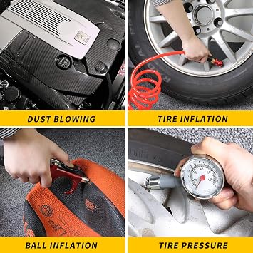 Hromee 16 Pieces Air Compressor Accessory Kit with 1/4 Inch Recoil Poly Air Hose, Blow Gun and Fittings Inflation Kit with Needles, Ball Chuck and Tire Pressure Gauge