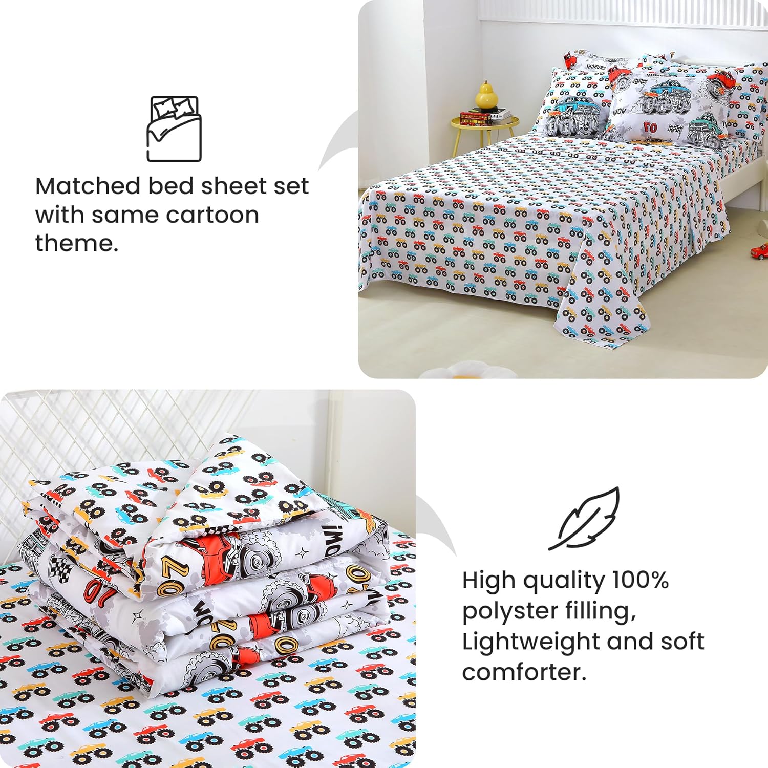 Mooreeke Twin Size Comforter Sets for Boys Kids, 6 Pieces Bed in a Bag Monster Truck Bedding Comforter Sheet Set with Shams and Decorative Toy Pillow, Ultral Soft Microfiber Kids Bed Set