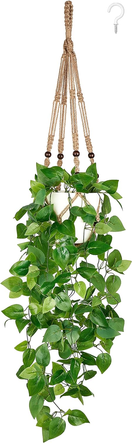 Mkono Fake Hanging Plant with Pot, Artificial Plants for Home Spring Decor Indoor Macrame Plant Hanger with Faux Vine Hanging Planter Greenery for Bedroom Bathroom Kitchen Office, Brown (Pothos)