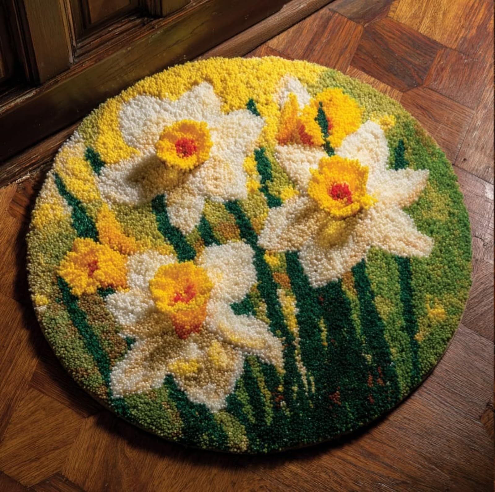 WallustrioaW Latch Hook Rug Kits for Adults Kids,Daffodil Flowers,Latch Hook Cushion Kits,DIY Yarn Cushion Crochet for Home Decoration,50x50cm