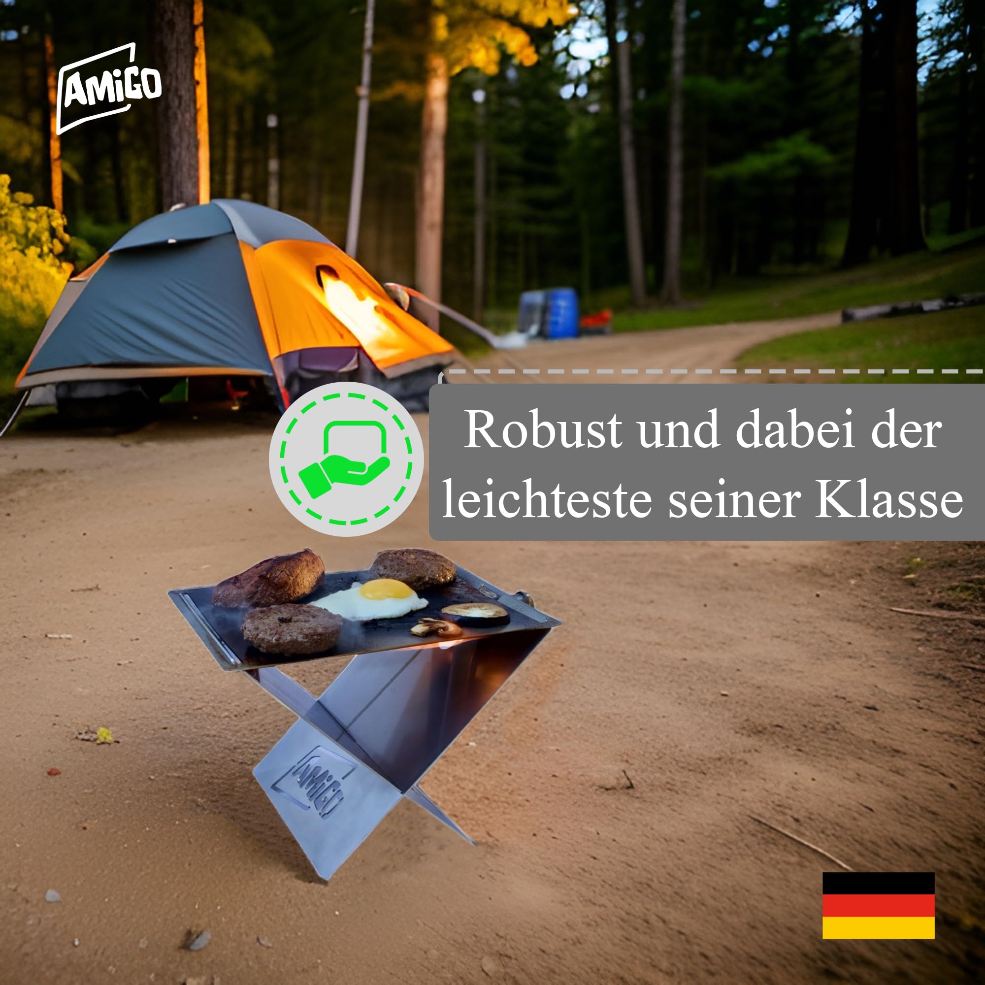 Amigo mobiler Camping Gasgrill klein & klappbar I mini Camping Grill mit Plancha inkl Trage-Tasche I perfekt für Outdoor-Fans, Camper, Balkon I Klappgrill Tischgrill made in Germany