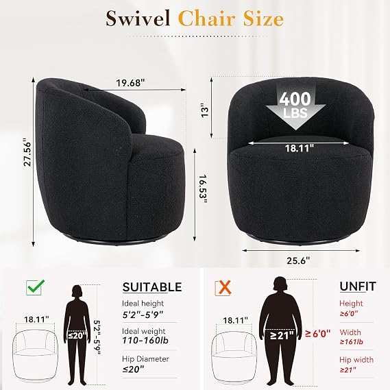 FOXHUNTER 360 Swivel Barrel Chair, Boucle Chairs, Teddy Black | Metal Base, Curved Backrest,Small Single Sofa Armchair Comfy Round Sofa Chair, Modern Arm Chairs for Living Room Bedroom