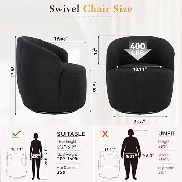 FOXHUNTER 360 Swivel Barrel Chair, Boucle Chairs, Teddy Black | Metal Base, Curved Backrest,Small Single Sofa Armchair Comfy Round Sofa Chair, Modern Arm Chairs for Living Room Bedroom
