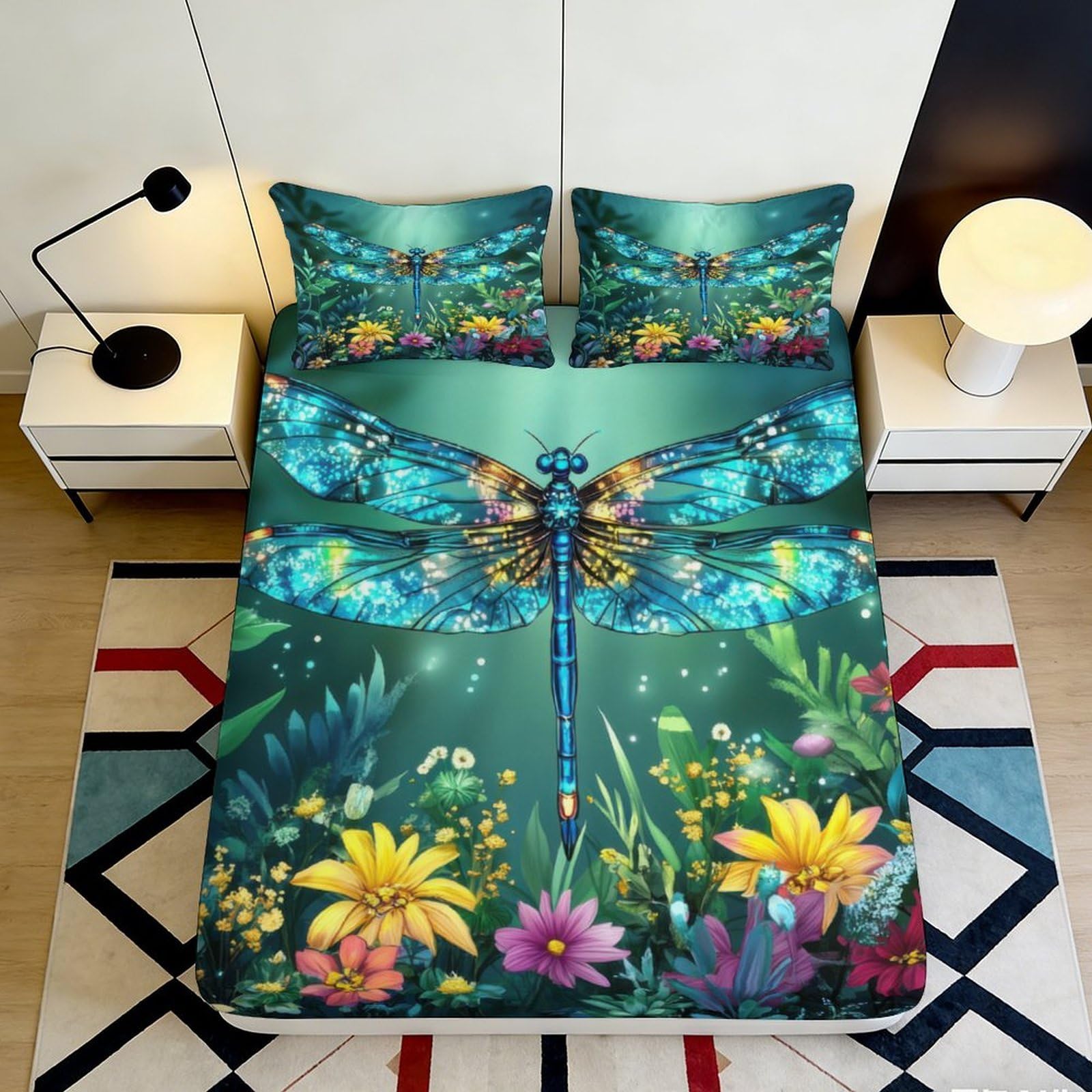 3D Printed Blue Dragonfly Fitted Sheet Microfiber Vibrant Flower Bed Cover Non-Slip Machine Washable Bedroom Decor 180x200x25cm