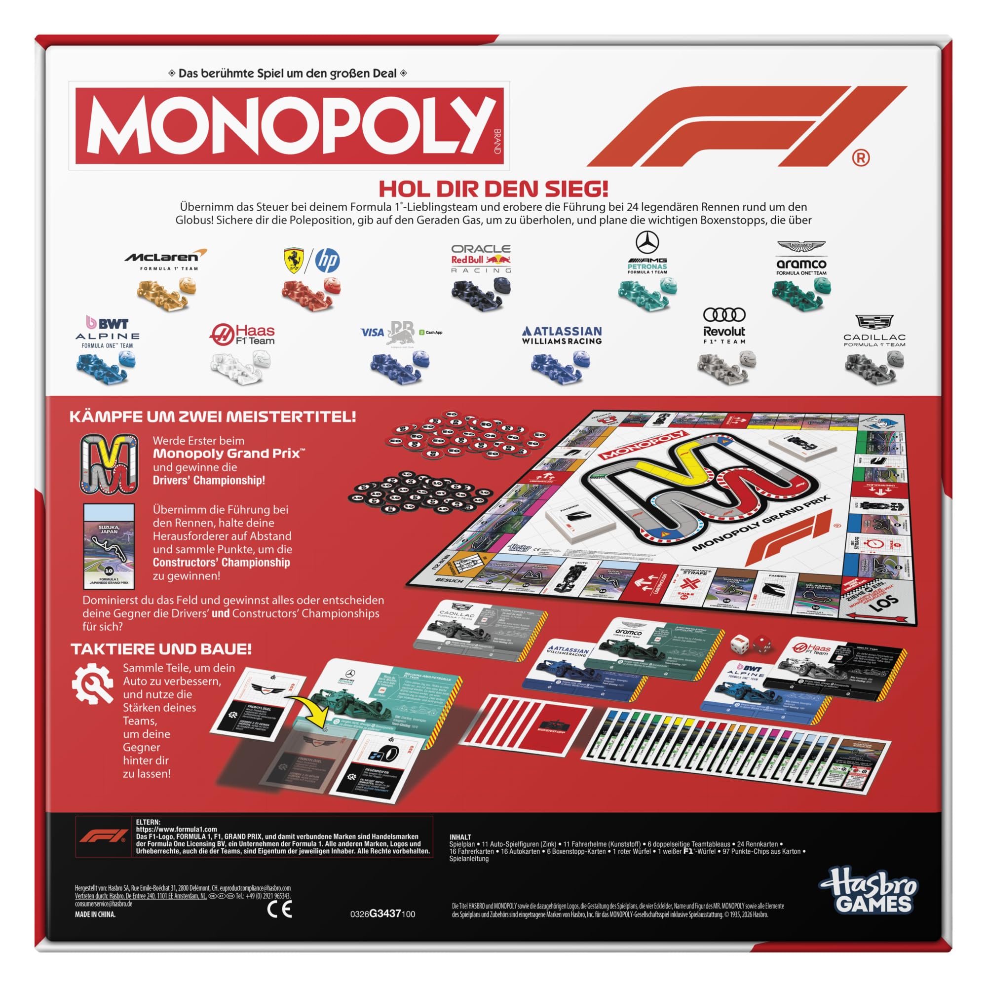 Monopoly F1 Edition Brettspiel | offiziell Lizenziertes Formula 1 Spiel | Familienspiel für Kinder, Jugendliche und Erwachsene | 2 — 6 Spieler | 45 Min. | ab 8 Jahren