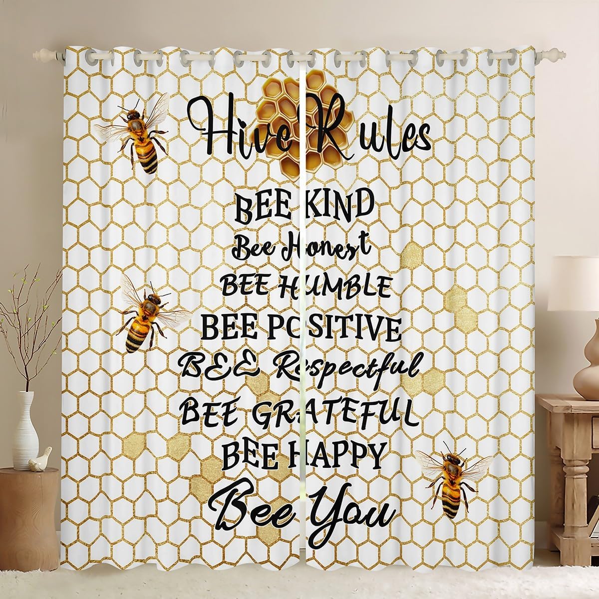 Erosebridal Honeycomb Window Curtains 84"X84" Boys Girls Bee Kind Bee Honest Curtains Beehive Hexagon Geometric Window Treatment Honeybee Bees Funny Hive Rules Draperies Chic Creative Bee Themed Gifts