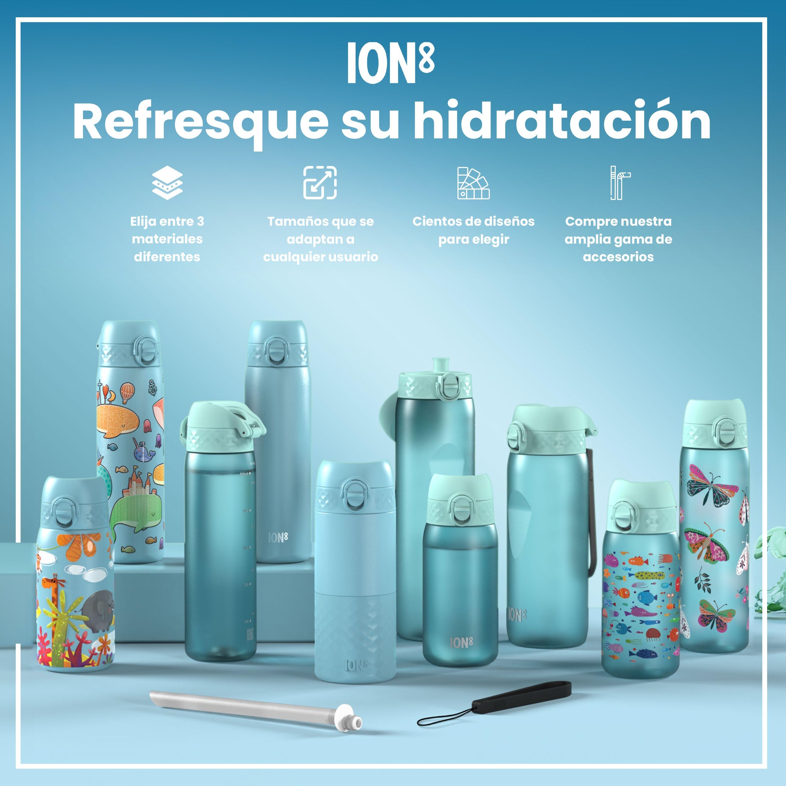 ION8 Botella de Agua para Niños, 350ml, a Prueba de Fugas, Fácil de Abrir, Cerradura Segura, Apta para Lavavajillas, Sin BPA, Asa de Transporte, Fácil de Limpiar, Neutro en Carbono, Tiburones