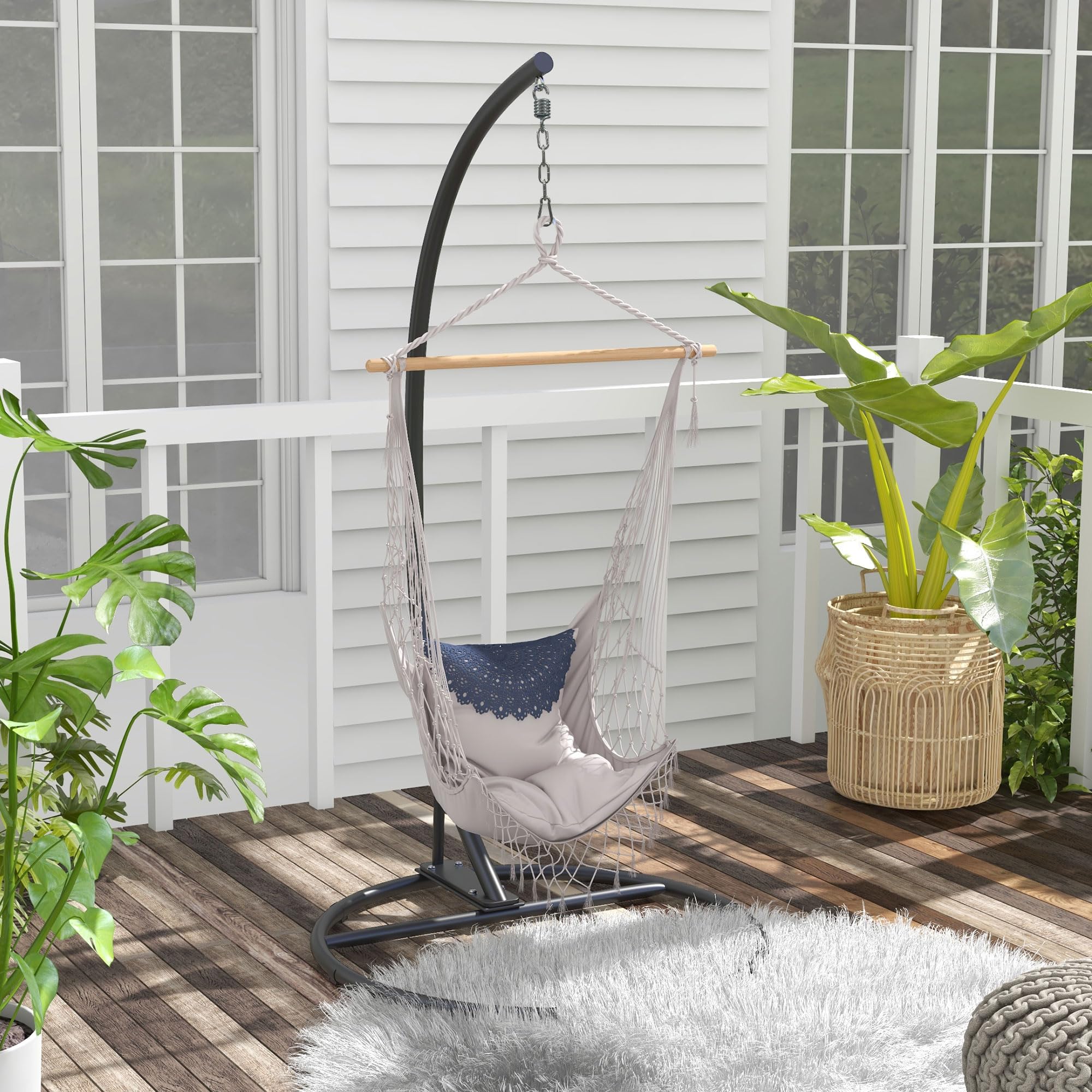 Outsunny Soporte para Silla Colgante de Huevos Marco de Silla de Colgante de Acero Soporte para Silla Columpio con Base Estable Carga 150 kg para Interior y Exterior Ø102x195 cm Negro