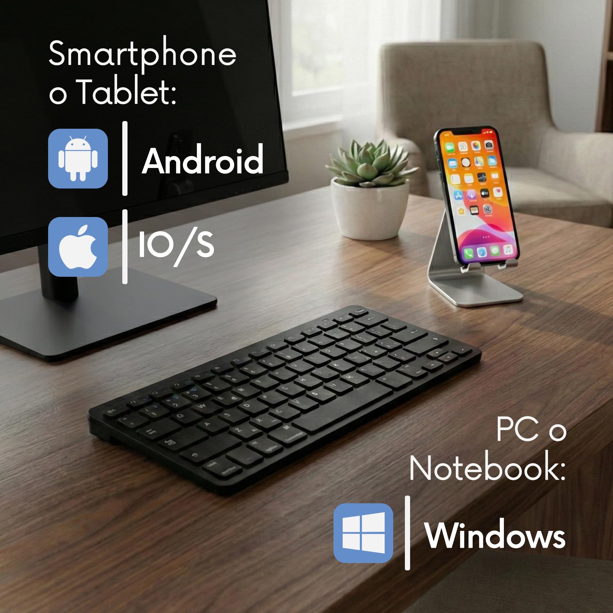 Atlantis ARGO 900 Mini Ultraslim klawiatura bezprzewodowa RF + Bluetooth, QWERTY 78 klawiszy czekoladowych do PC/notebooka/smartfona, tabletu/iOS/Android, kolor czarny