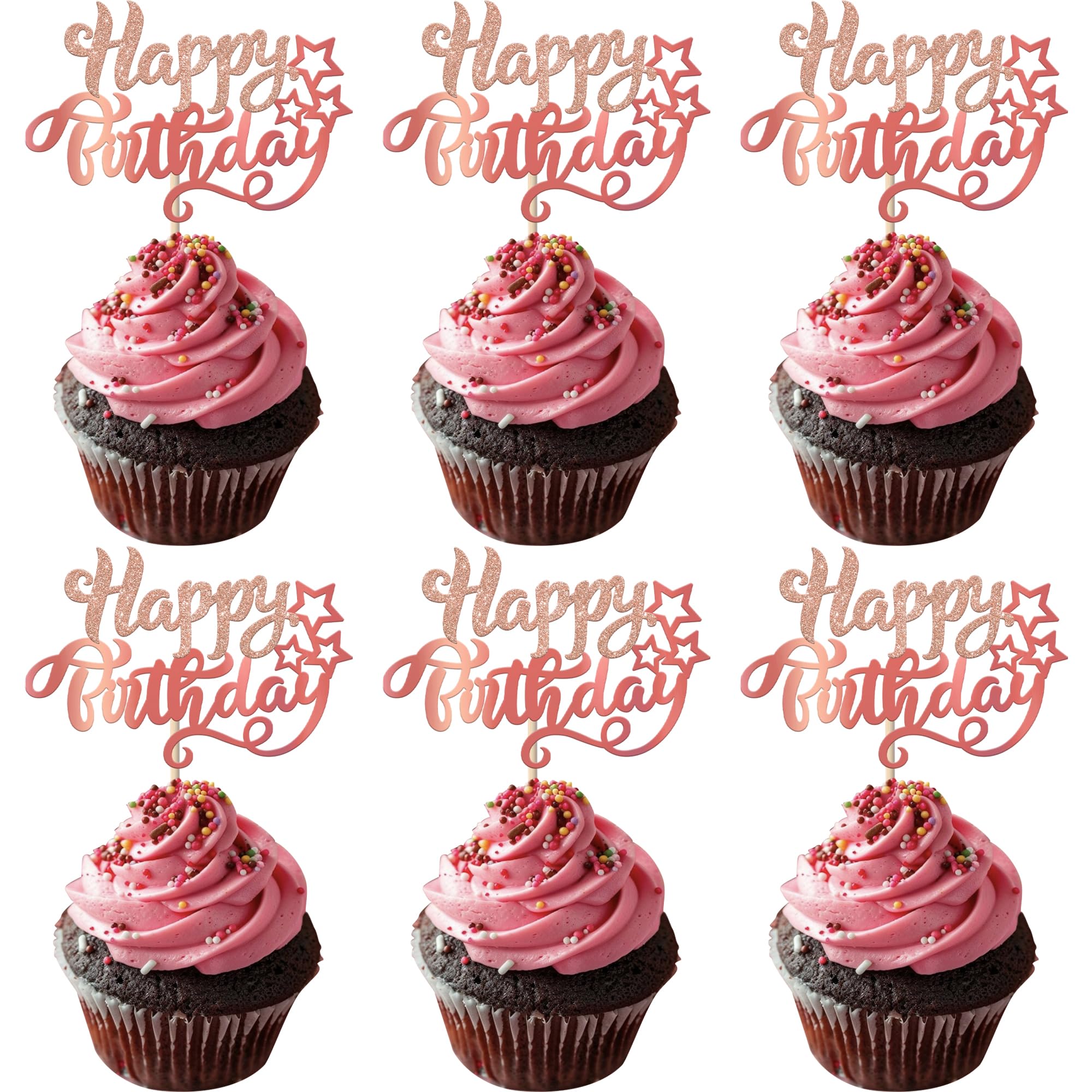 Xsstarmi 24 Pack Happy Birthday Cupcake Toppers Star Glitter Celebrating Birthday Cupcake Picks for Baby Shower Birthday Party Cake Decorations Supplies Rose Gold
