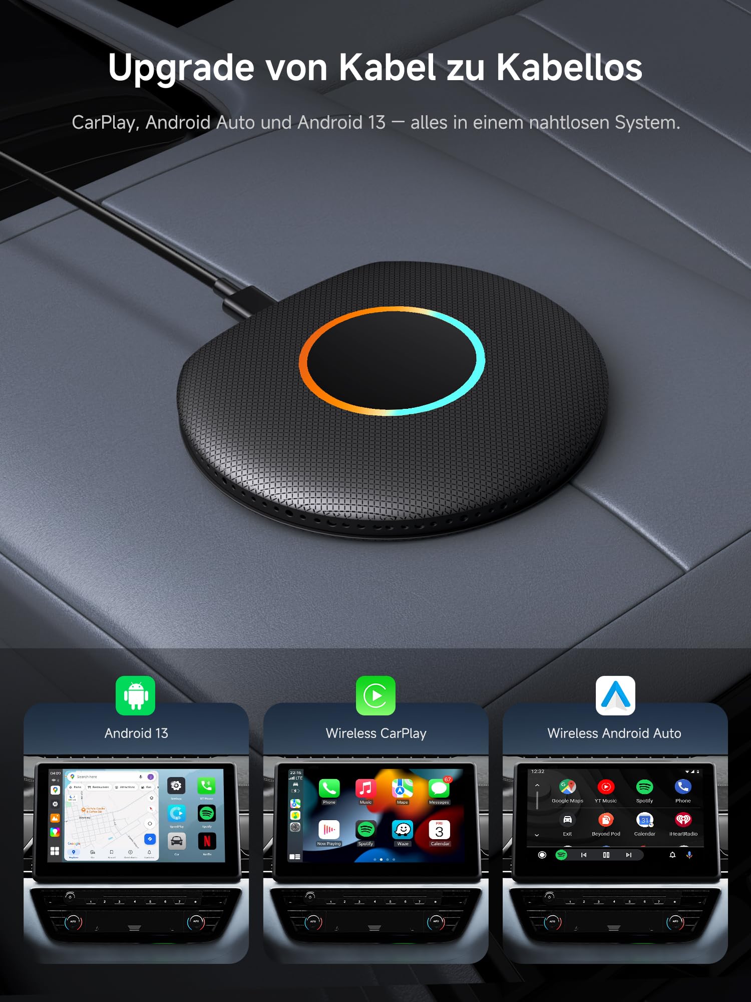 Adattatore CarPlay Wireless 4+64GB AI Box Android Auto con Navigazione GPS | 4G LTE, Drivechat Ai voce, display diviso, navigazione GPS, doppio WiFi e Bluetooth, blocco Bluetooth, TrackHU