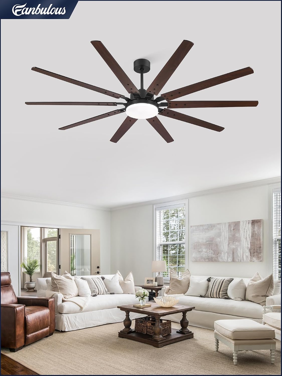 84 Inch Industrial Ceiling Fans with Lights, Large Ceiling Fan with Quiet DC Motor, 10 Reverisble Dual-Color Blades, 3CCT,6 Speeds,Black Commercial Indoor/Outdoor Ceiling Fans for Patios/Garage/Porch