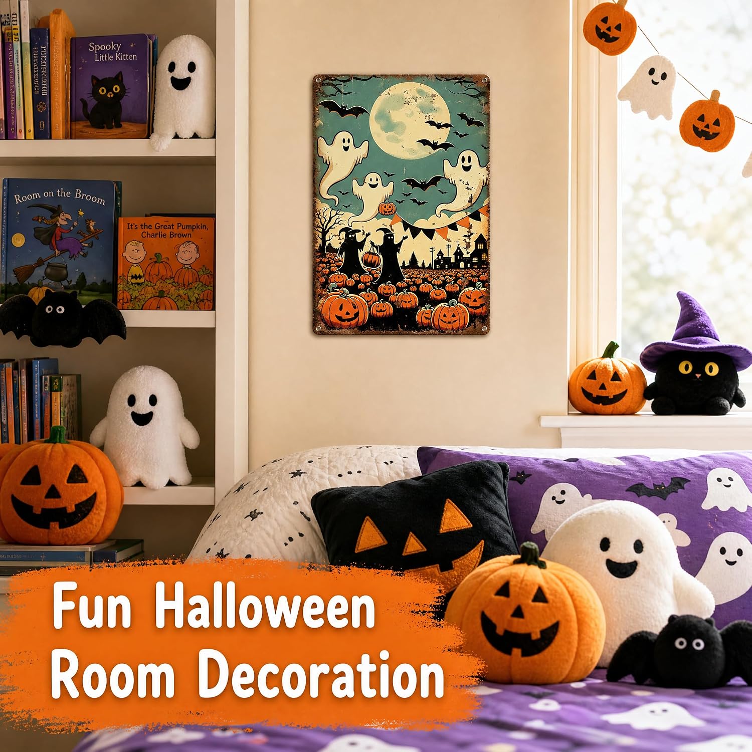 12x8in Ghost Pumpkin Witch Tin Sign–Vintage Spooky Halloween Wall Decor image 2
