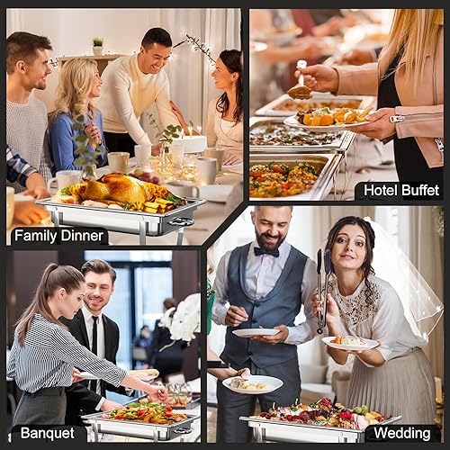 Miniatura 6 de MEEZY Juego de 4 platos de bufé de 9 cuartos de galón de acero inoxidable con tamaño completo, tamaño medio, tercer tamaño, plegable, para catering,