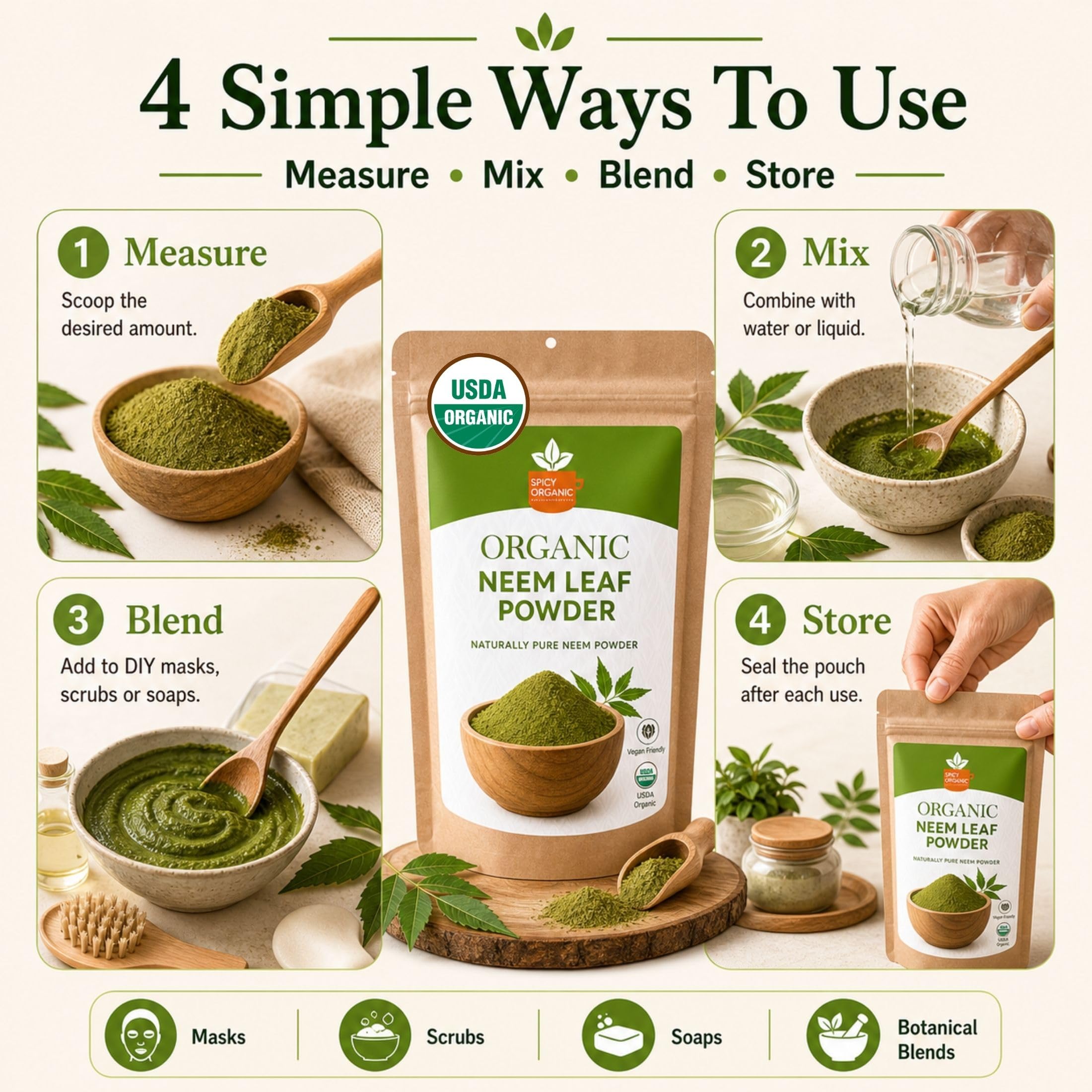 SPICY ORGANIC Neem Powder – 16 oz. - Certified USDA Organic -Non-GMO - Fresh Dried Neem Leaves Powder for Healthy Hair and Skin - Azadirachta Indica Ayurvedic Herb for Overall Wellbeing — Amazon image 6