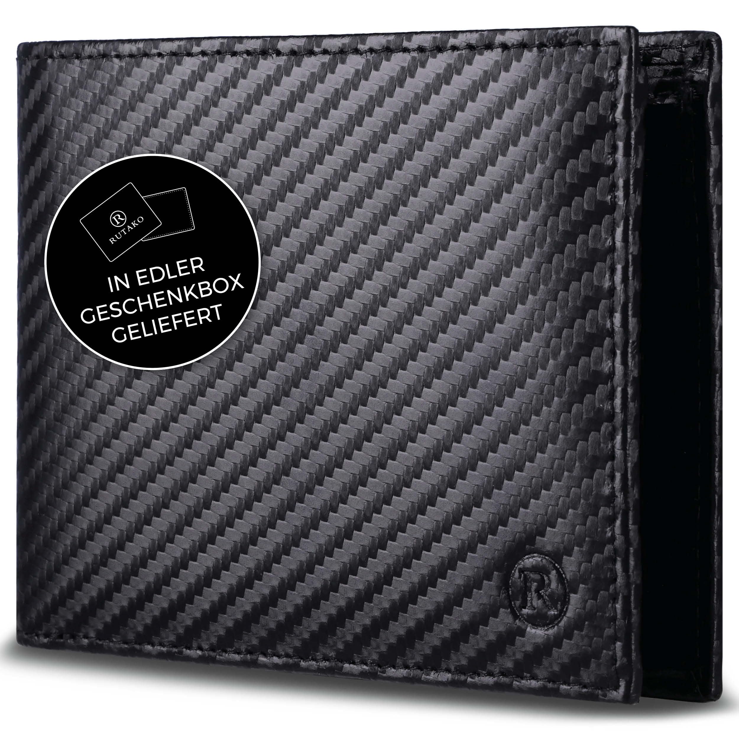 RUTAKO Geldbörse Herren mit RFID Schutz - Portemonnaie Groß mit Münzfach - 12 Fächer - Geldbeutel für Männer - Brieftasche Wallet Portmonee Carbon-Schwarz
