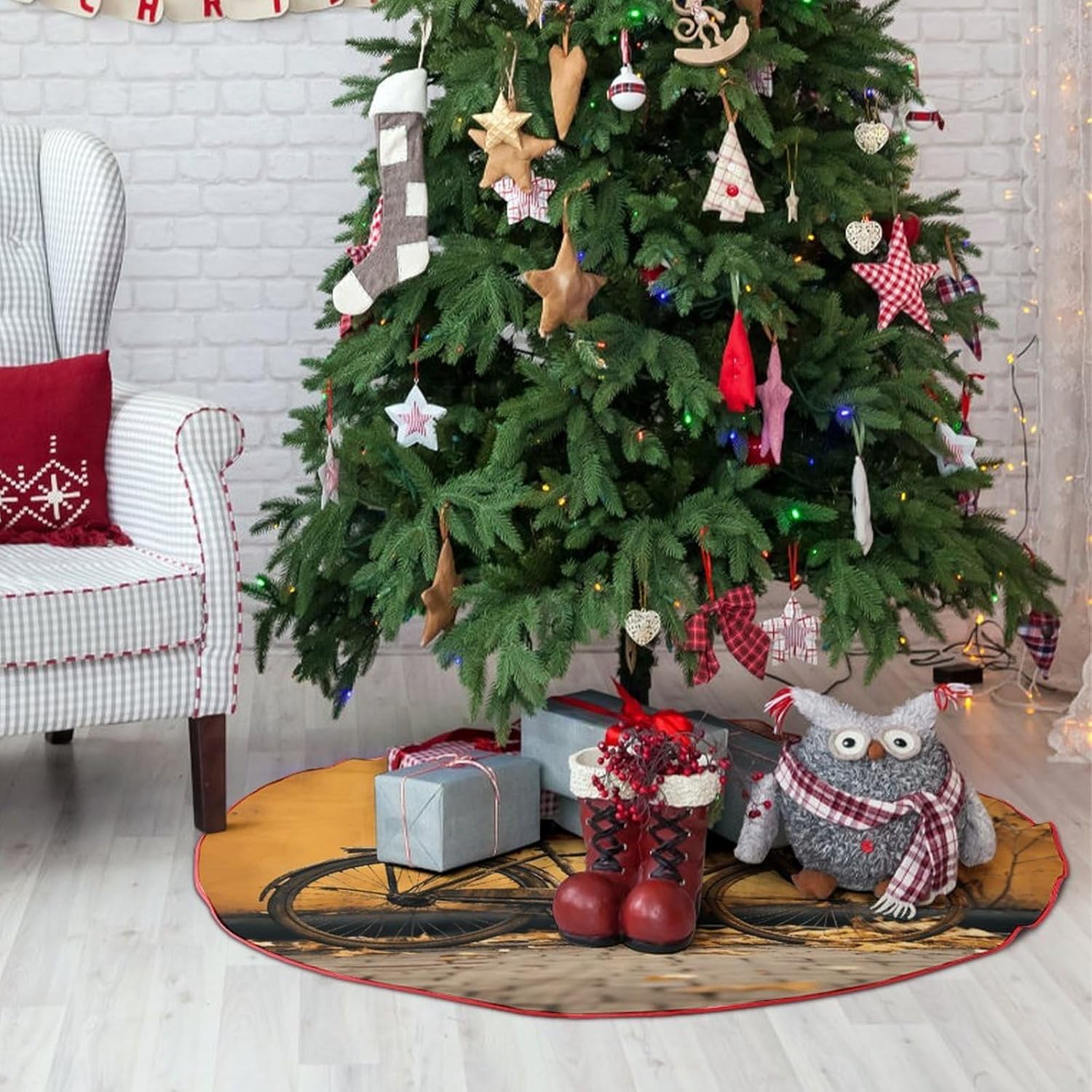 Christmas Tree Skirt,for Xmas Tree Holiday Party Decorations Old Rusty Vintage Bicycle Printed Christmas Tree Mat Red Lace-up Christmas Tree Dress