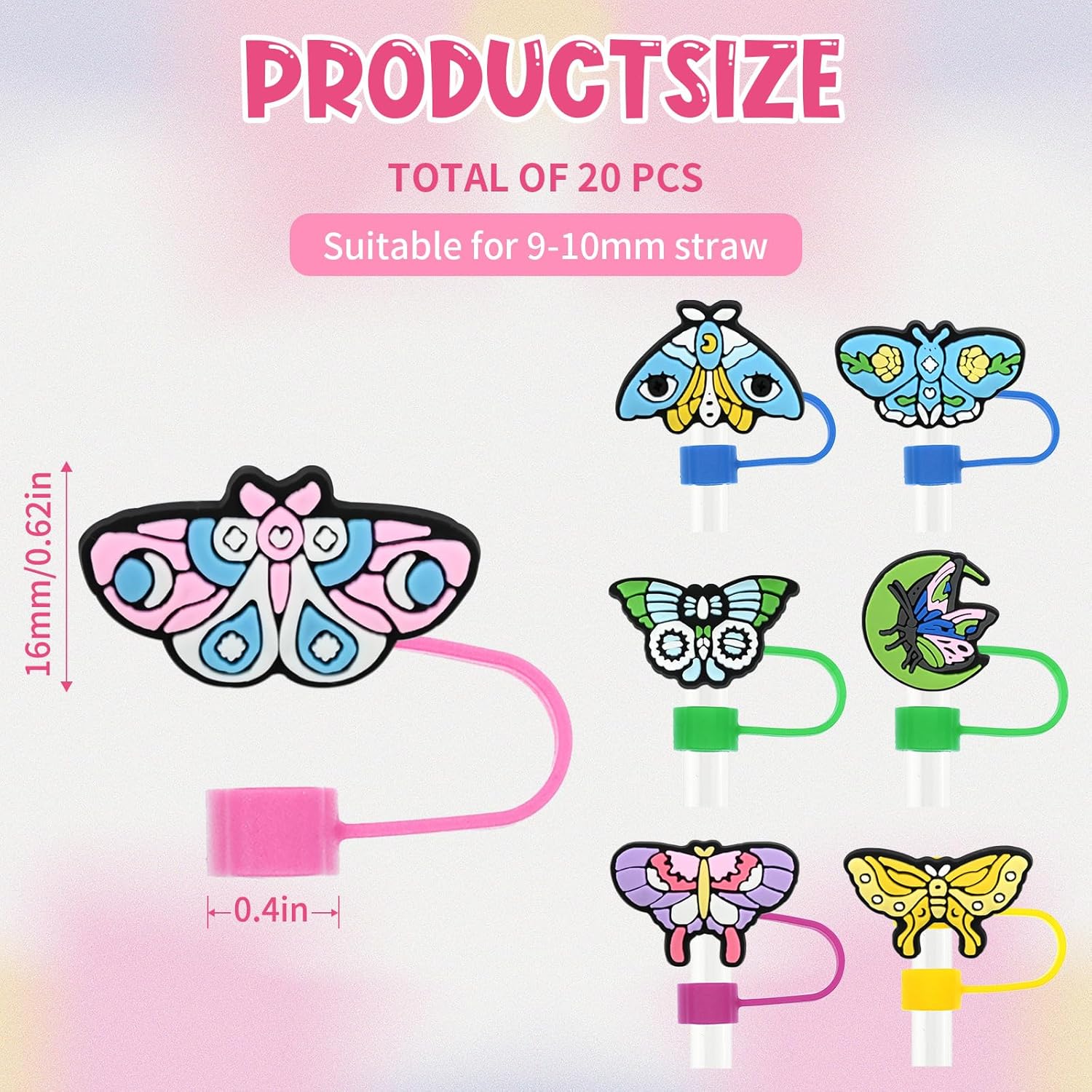 20PCS Colorful Butterfly Straw Cover Cap for Stanley Cup 40oz Cute Tumbler Straw Toppers Bulk Reusable PVC Cute DIY Straws Accessories,fit 0.35-0.4in/10mm Straws Protector Dust-Proof for Party gifts - Image 6