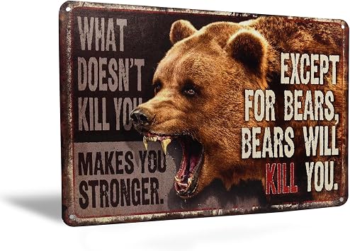 Funny Bear Warning Metal Signs - What Doesnt Kill You Makes You Stronger Except Bears Will Kill - Man Cave Room Decor, Cabin Wall Art Decor - Tin Yard Sign for Outside - Funny Gifts for Men 12"x8"