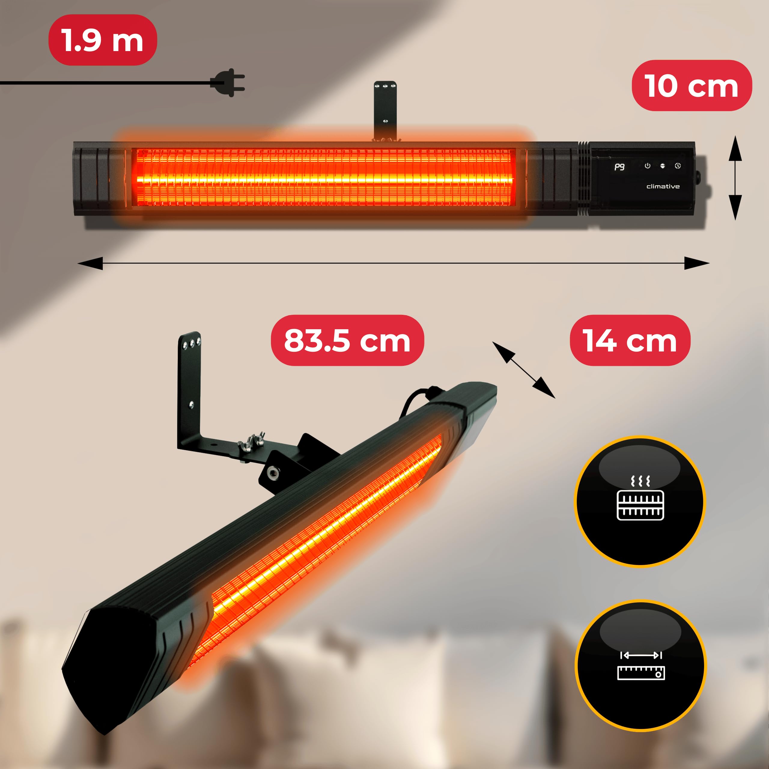 Infrarot Heizstrahler 2500W, 9 Stufen, IP65, Montageketten, Fernbedienung, Timer, Elektroheizung RAY, Terrassenheizer Outdoor, Wandheizung, Infrarotheizung, Heizstrahler Terrasse & Innenraum