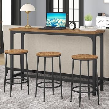Bar Table Set for 3, 4 Piece Console Table with 3 Stools, Counter Height Sofa Table Set with 3 Chairs for Breakfast Nook, Living Room and Apartment Brown
