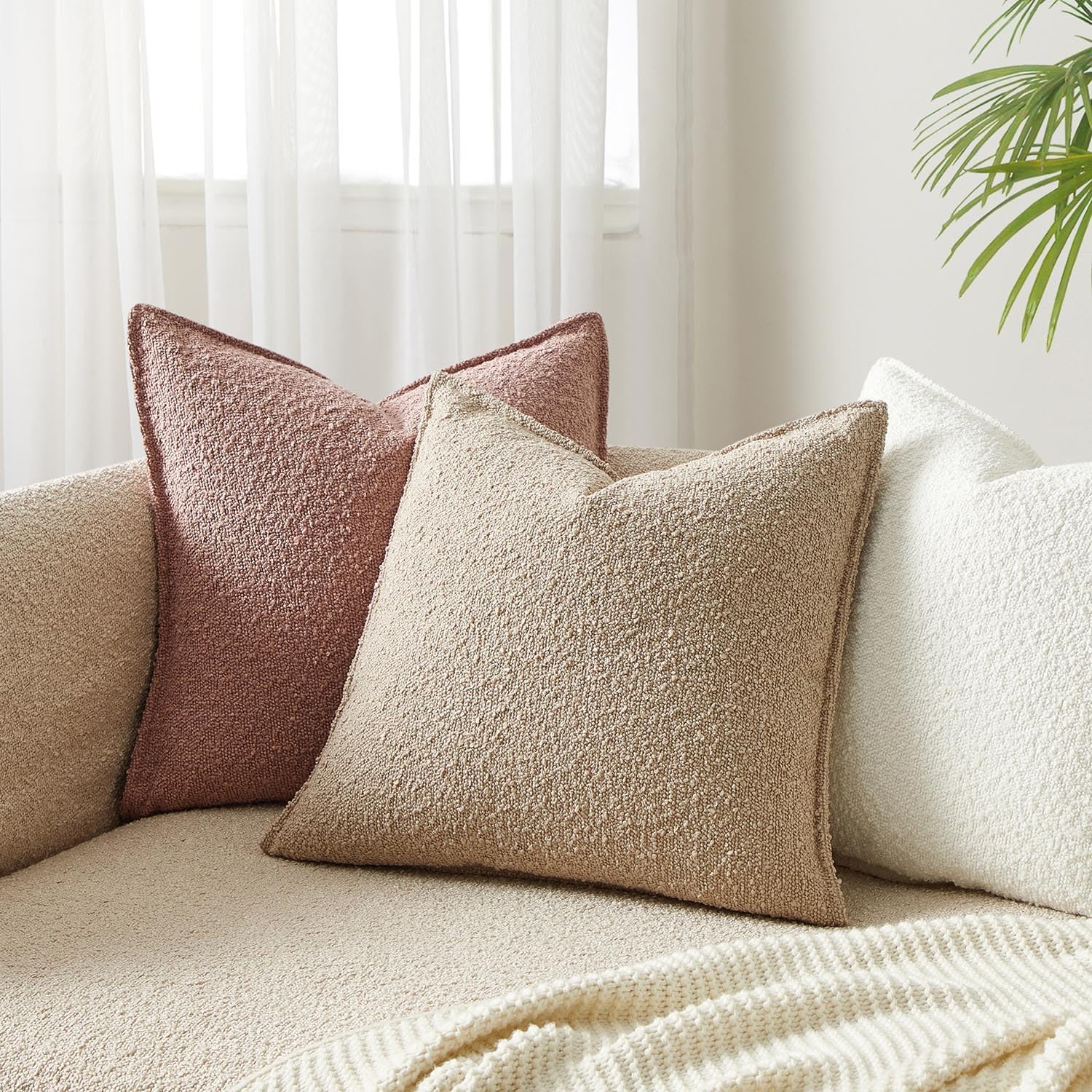 JUSPURBET 22x22 Pillow Covers Set of 2 Decorative Throw Pillow Covers Case for Couch Sofa Bed Soft Boucle Textured Cushion Covers with Hidden Zipper for Home Decor Living Room,Oatmeal