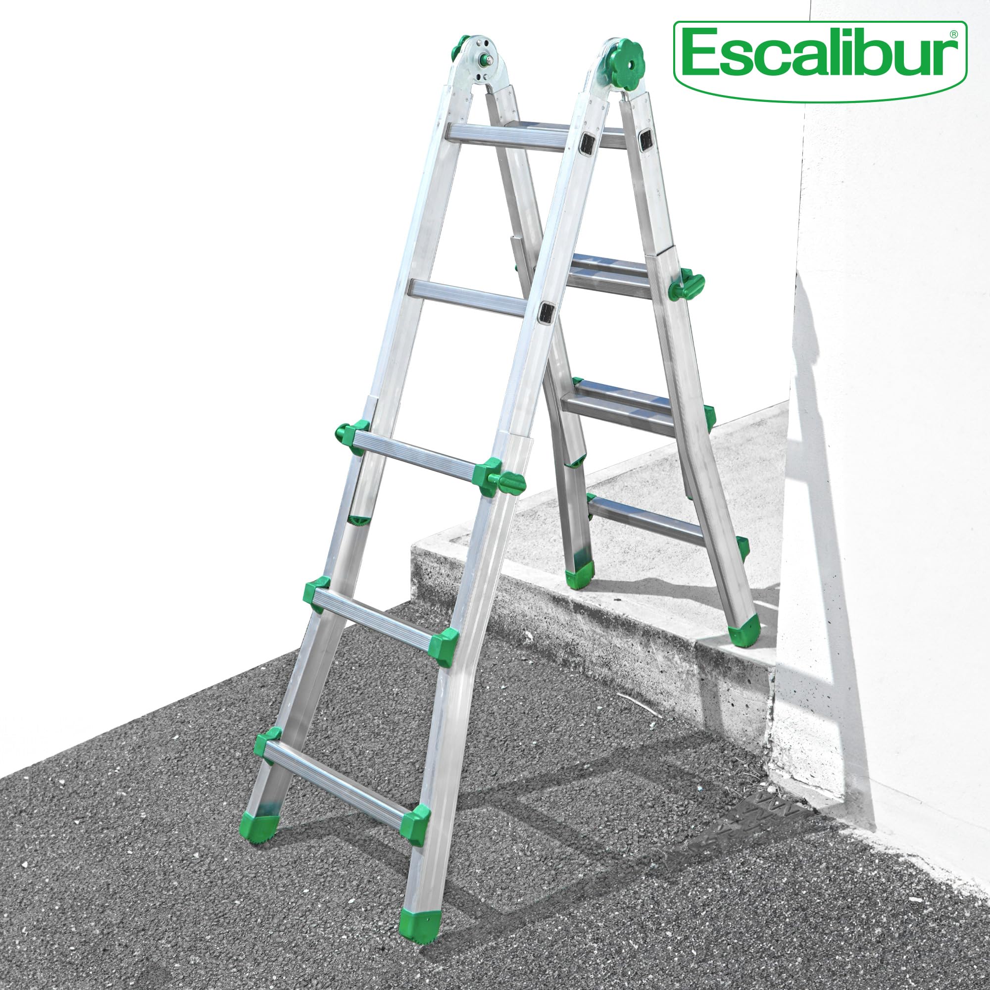 ESCALIBUR AK33 - Scala Telescopica in Alluminio con Piastra di Sicurezza e Cerniera Automatica - Scala Pieghevole, Allungabile e Portatile per Lavori Domestici, 3+3 Gradini, Portata 150kg