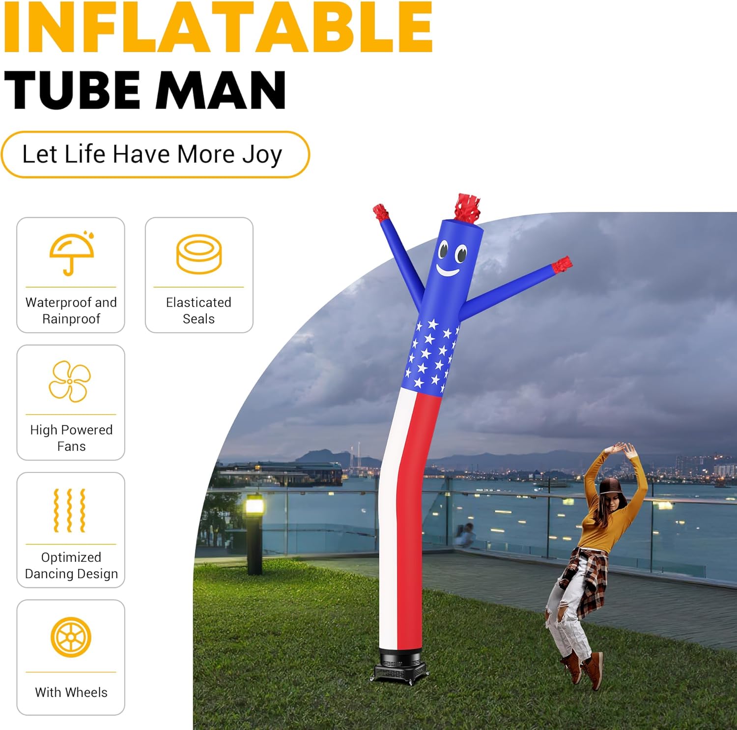 20FT Air Inflatable Waving Tube Man Set with Blower & Wheel, Air Puppet Dance Artist for Mall Opening, Amusement Park, Outdoor Decoration，US-Flag
