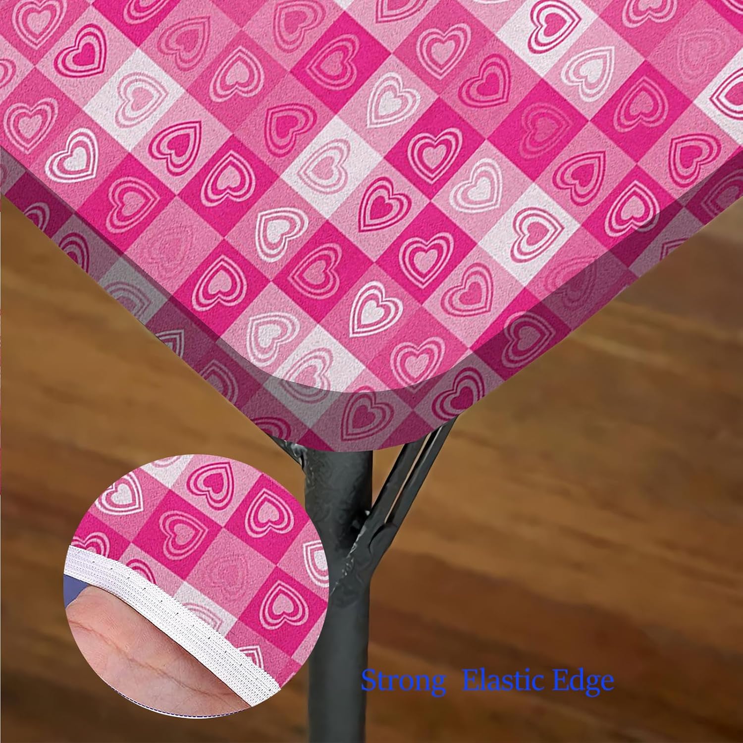 Love Square Tablecloth, Checkered Pattern in Pink Tones with Heart Shape Square Dining Table Cover, Fits 52x52 inch Table, for Outdoor Indoor Holiday Picnic Party Cloth, Pink White