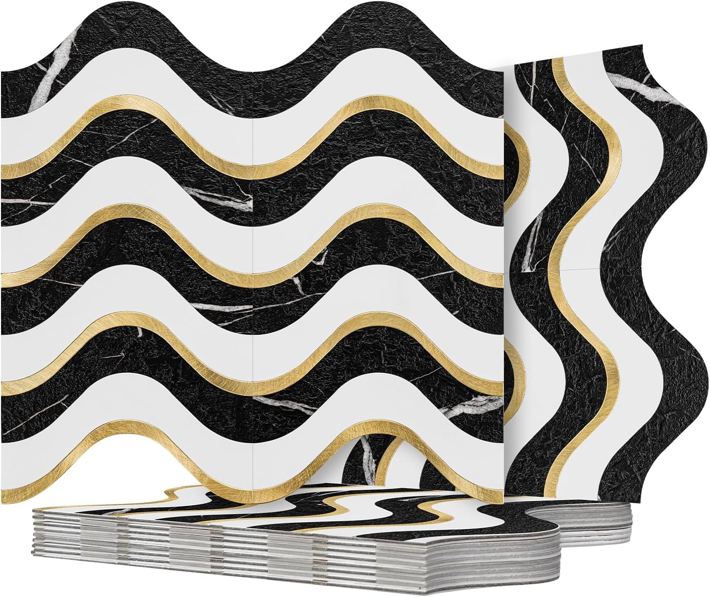 Vamos Tile 10-Sheet Peel and Stick Backsplash Seamless Tile,Stick on Backsplash for Kitchen and Bathroom, Black Marble Look+ Pure White PVC Mixed Metal Gold Self Adhesive Wall Tiles