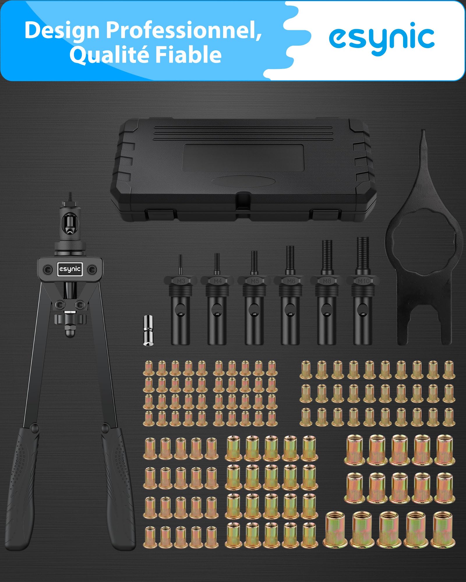 eSynic 14" Pince à Rivet Insert avec 6pcs Mandrins Métriques M3 M4 M5 M6 M8 M10 125pcs Écrous Pince à Insert Fileté avec Étui de Transport Kit de Pince à Écrou Fileté Économie de Main-d'œuvre - Noir