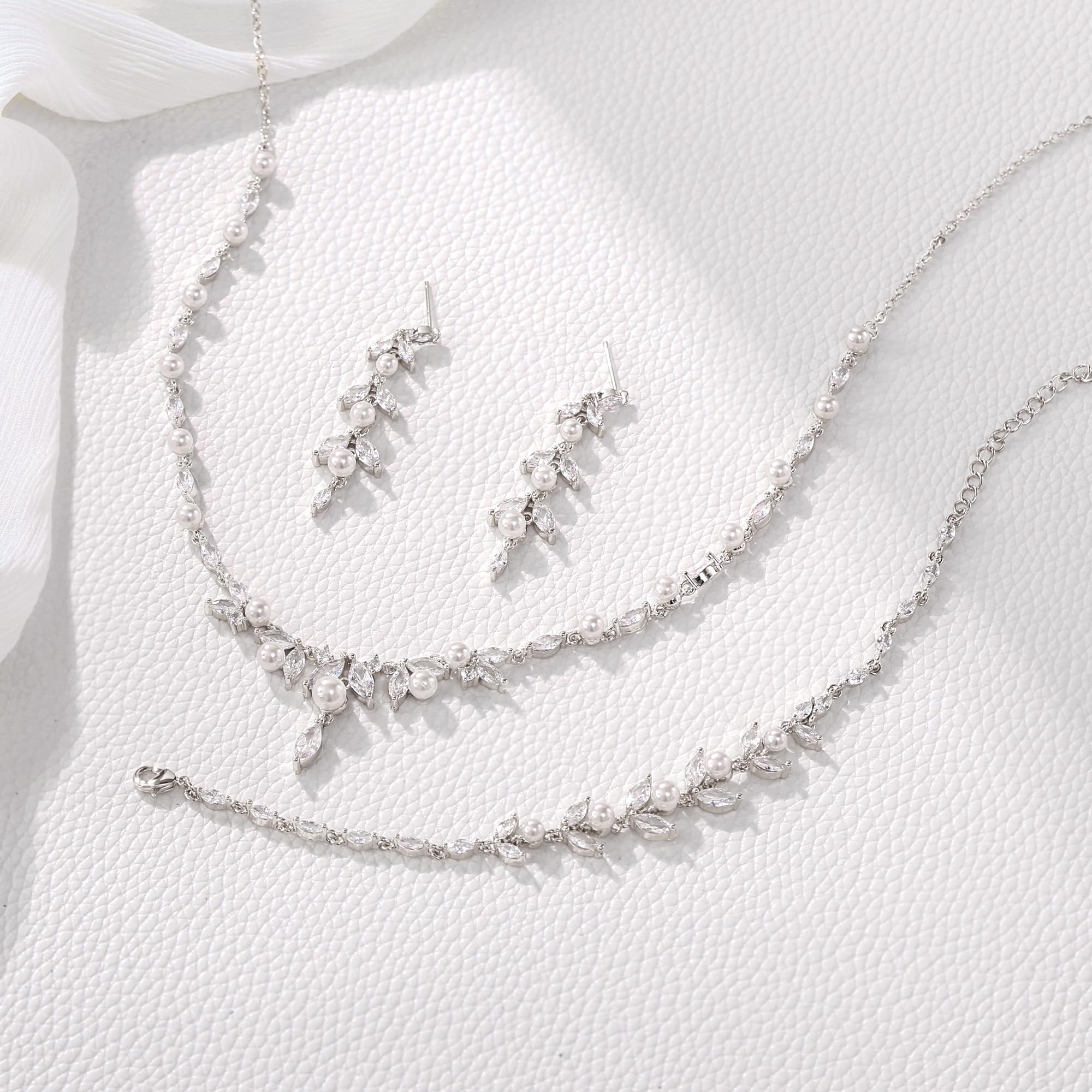 Conjunto de joyería de boda para novias, elegante perla simulada de circonio cúbico colgante collar marquesa hoja gota pendientes conjunto para damas fiesta