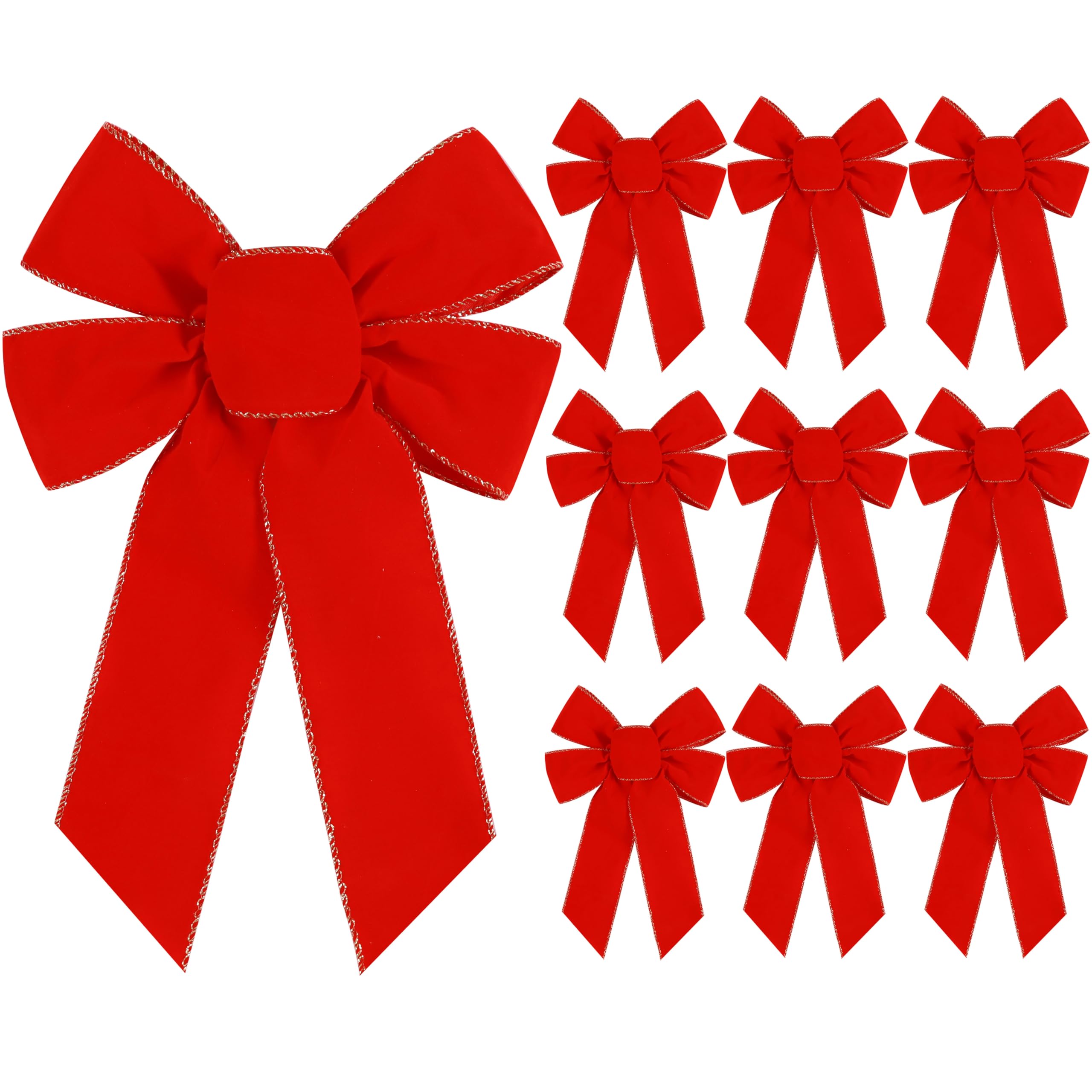 Yuubin 10 Pcs Red Bows Christmas Tree Decorations,9”x13” Large Velvet Wreath Bow with Glitter Gold Edge for Xmas Home Fence Stairs Railing Fireplace Indoor Outdoor Front Door Decor