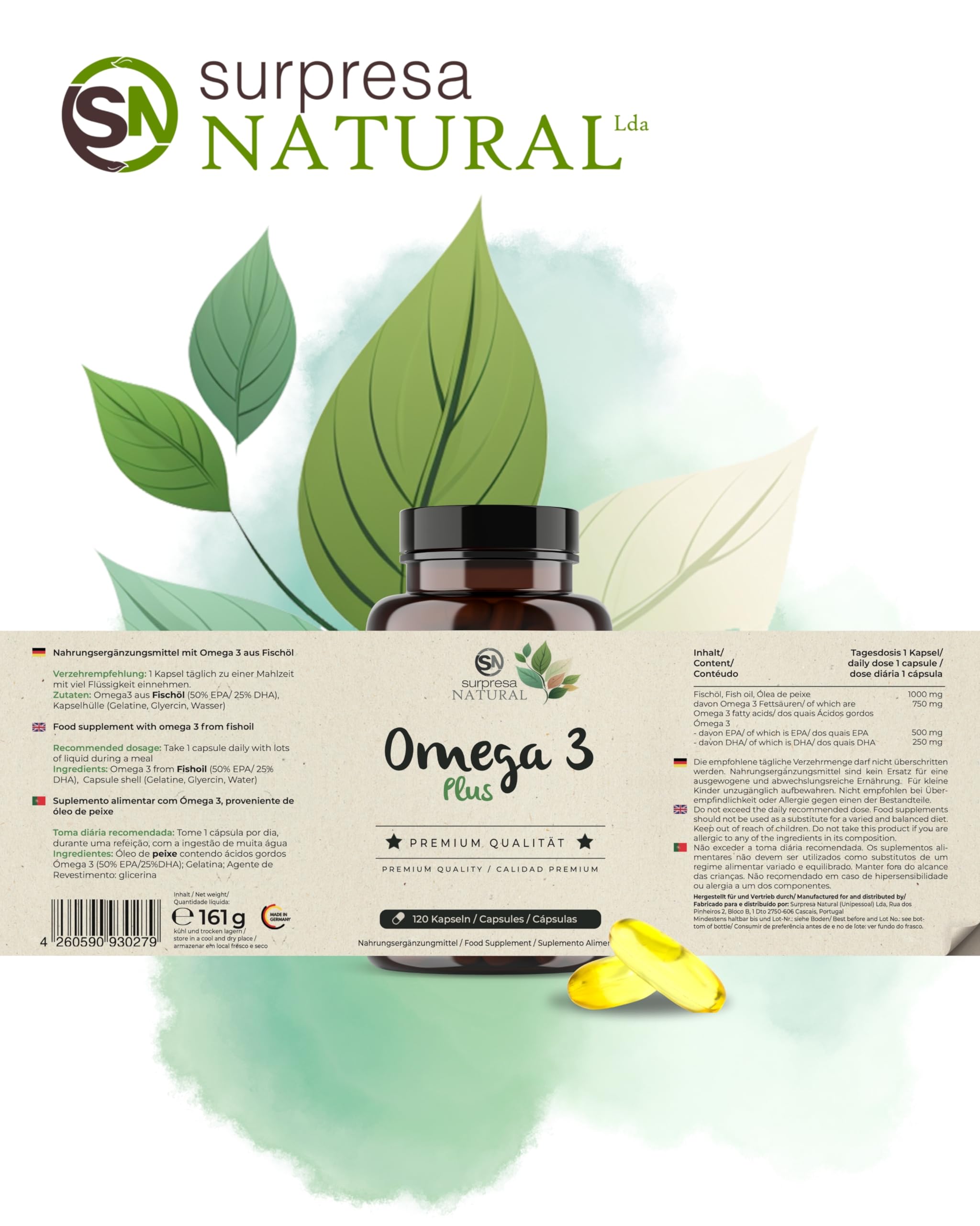 Omega 3 Kapseln hochdosiert I 1x 120 Kapseln I 1000mg Fischöl pro Kapsel I 500mg EPA & 250mg DHA pro Kapsel I Essentielle Fettsäuren I Laborgeprüft, laktosefrei & glutenfrei