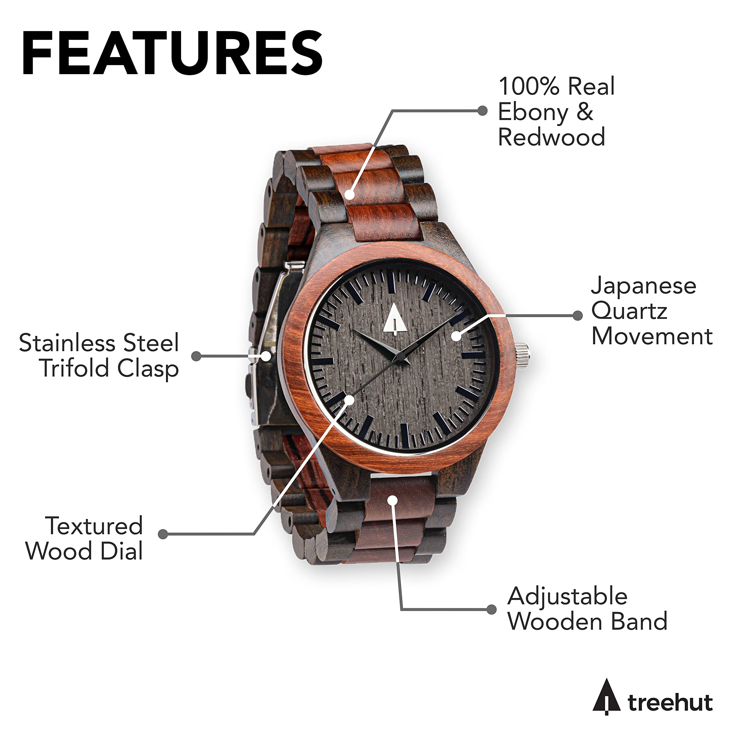 Treehut Wooden Watches for Men, Japanese Quartz Movement, Stylish Exotic Wrist Watch with Adjustable Stainless Steel Buckle, Wooden Straps, Watch Made from Ebony and Redwood, Relojes para Hombre